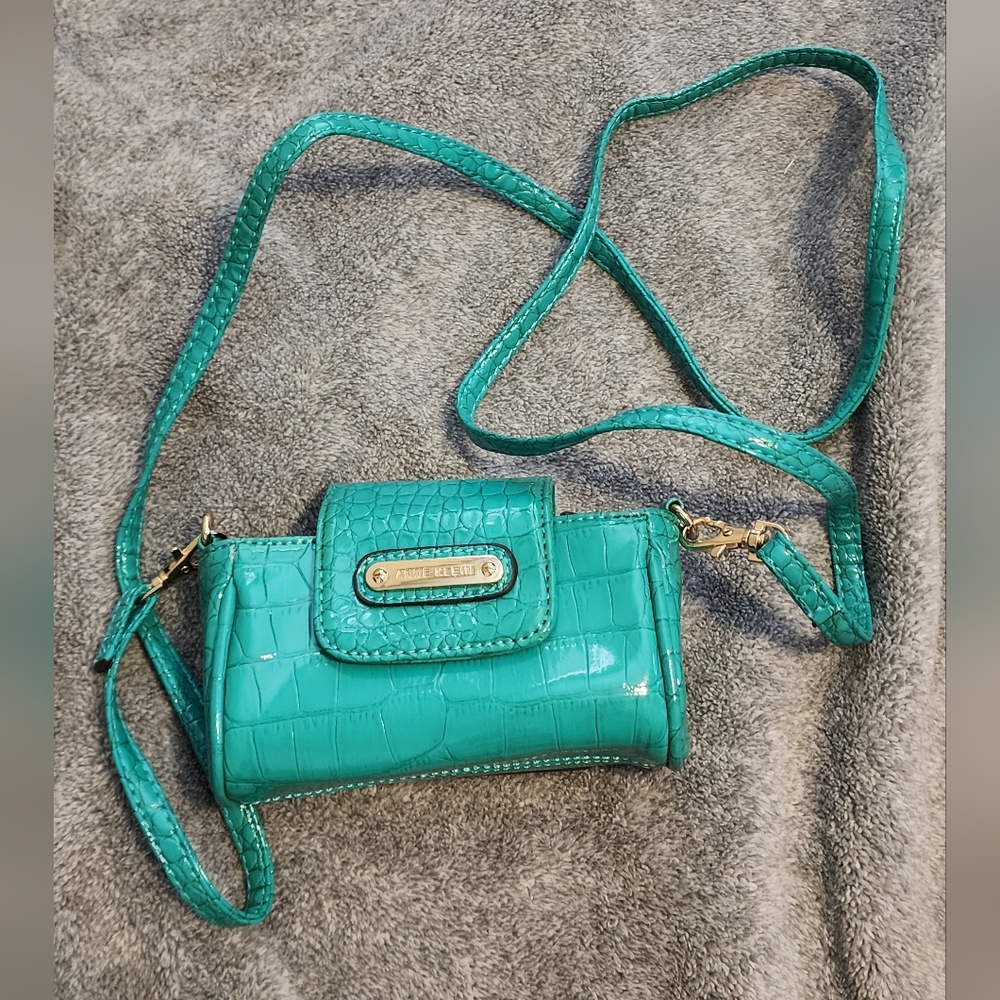 Anne Klein Teal Croc-Emossed Mini Crossbody Phone Bag